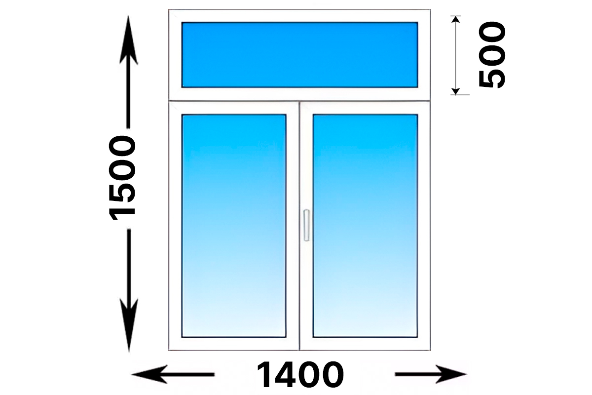 Двухстворчатое пластиковое окно с фрамугой. Окно: 1400 x 1500; Фрамуга: 1400 x 500