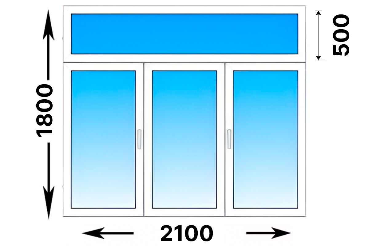 Трехстворчатое пластиковое окно с фрамугой. Окно: 2100 x 1800; Фрамуга: 2100 x 500