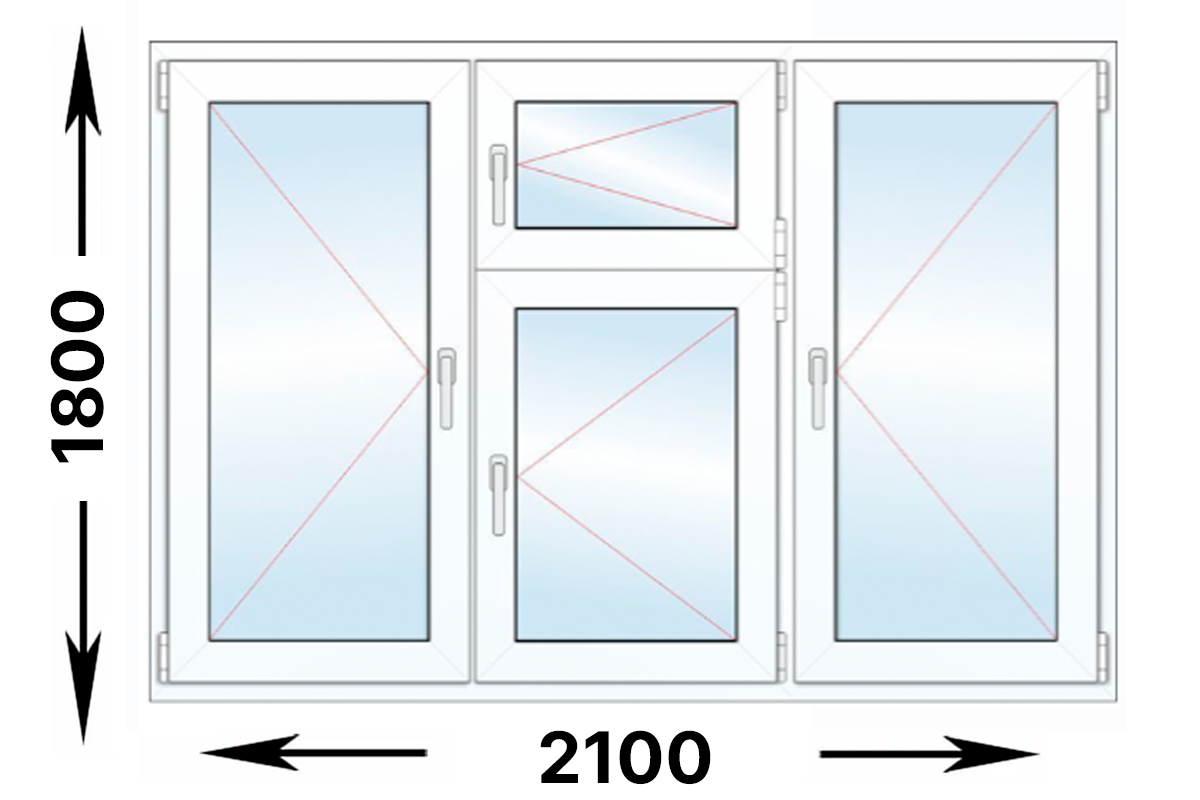 Трехстворчатое пластиковое окно с форточкой 2100 x 1800
